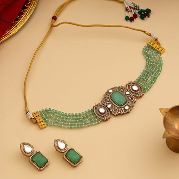 Green Stone and Moissanite Necklace with matching Earrings