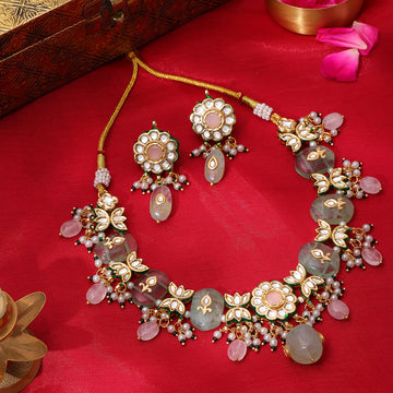 Kundan and Mint Colored Stonework Necklace with Matching Earrings