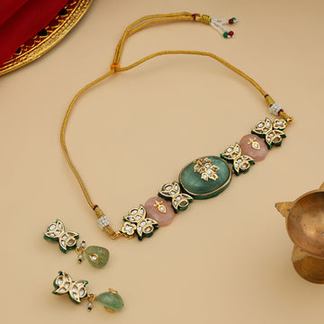 Kundan and Mint Colored Stonework Choker with Matching Earrings