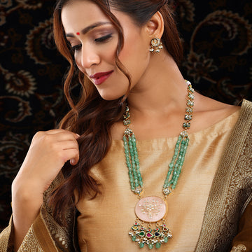 Long Kundan and Stonework Necklace with Earrings