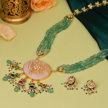 Long Kundan and Stonework Necklace with Earrings