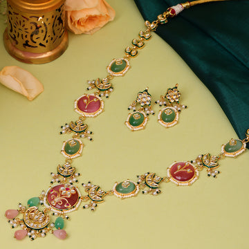 Long Mint Stonework Necklace with Earrings