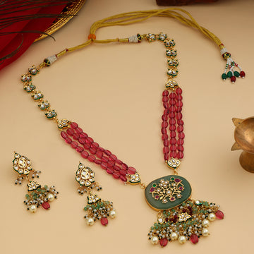 Long Multi Kundan Necklace with Earrings
