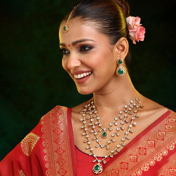Layered Kundan and Emerald Necklace with Earrings and Maang Tikka