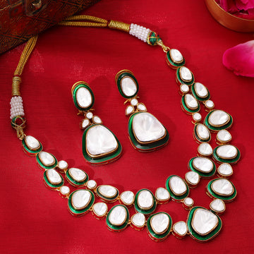 Green Meenakari Kundan Layered Necklace with Earrings