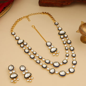 Blue Meenakari Kundan Layered Necklace with Earrings & Maang Tikka