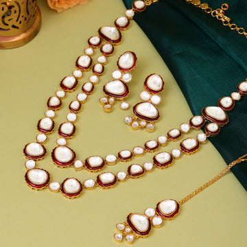 Red Meenakari Kundan Layered Necklace with Earrings & Maang Tikka