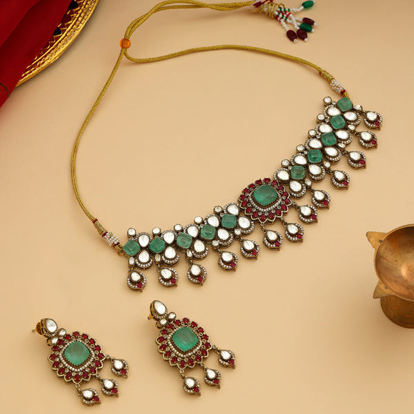 Ruby Raang Women's Artificial Kundan Earrings - Traditional Indian Mixed Metal Jewellery Set (Green) - View #6