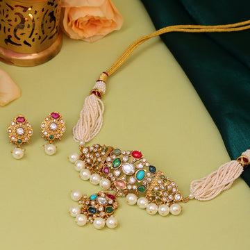 Navratan Kundan Choker with Stud Earrings