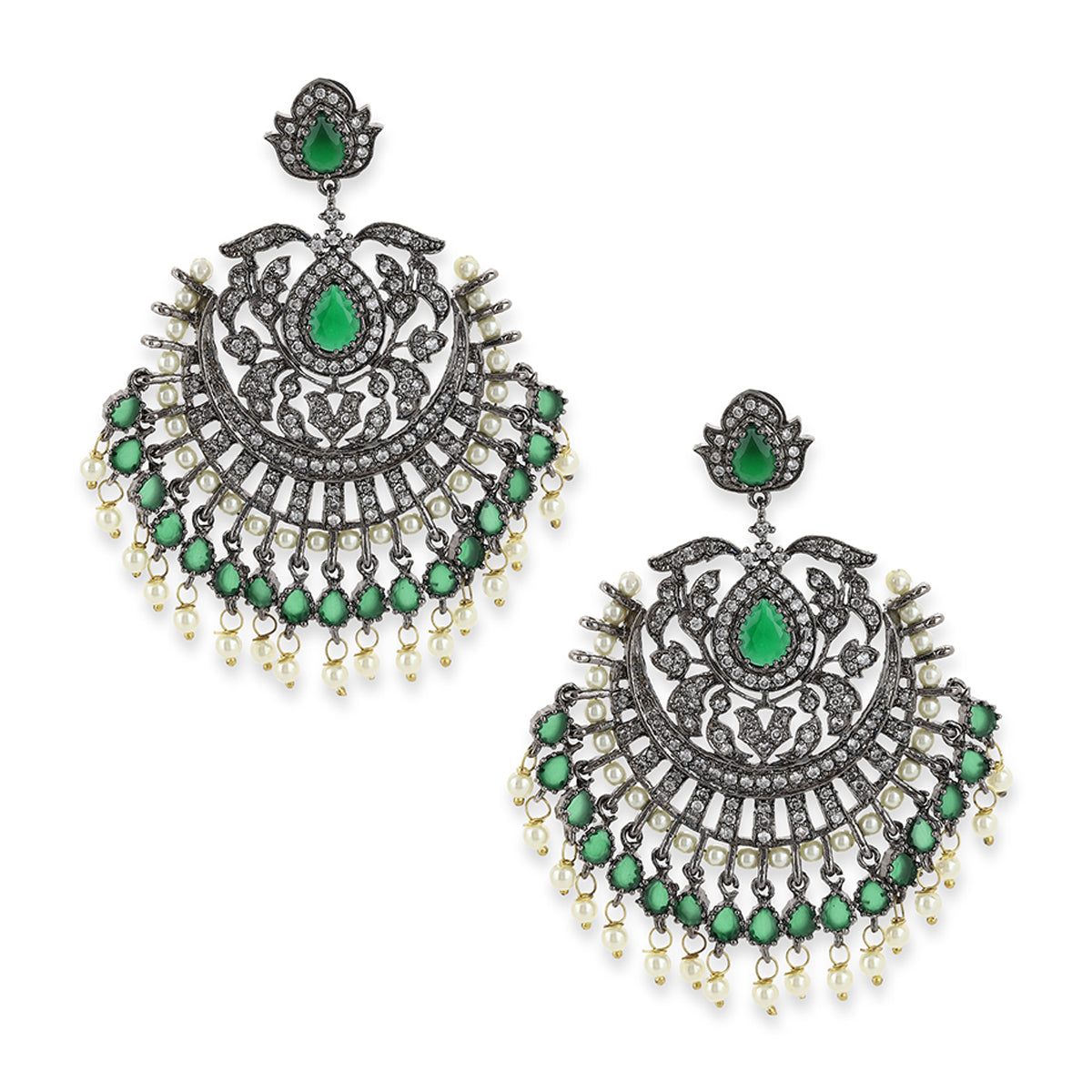 A pair of ornate silver-toned chandelier earrings with green stones and dangling pearl-like beads, shown on a plain white background.