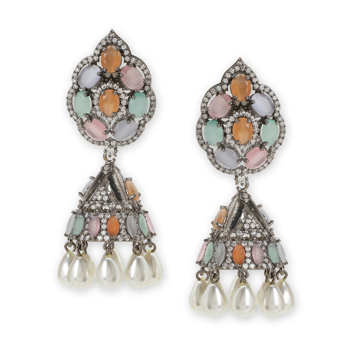 A pair of ornate silver-toned dangle earrings decorated with multicolored cabochon stones in pastel shades of orange, pink, mint green, and lavender, finished with dangling white pearl drops, shown on a plain white background.
