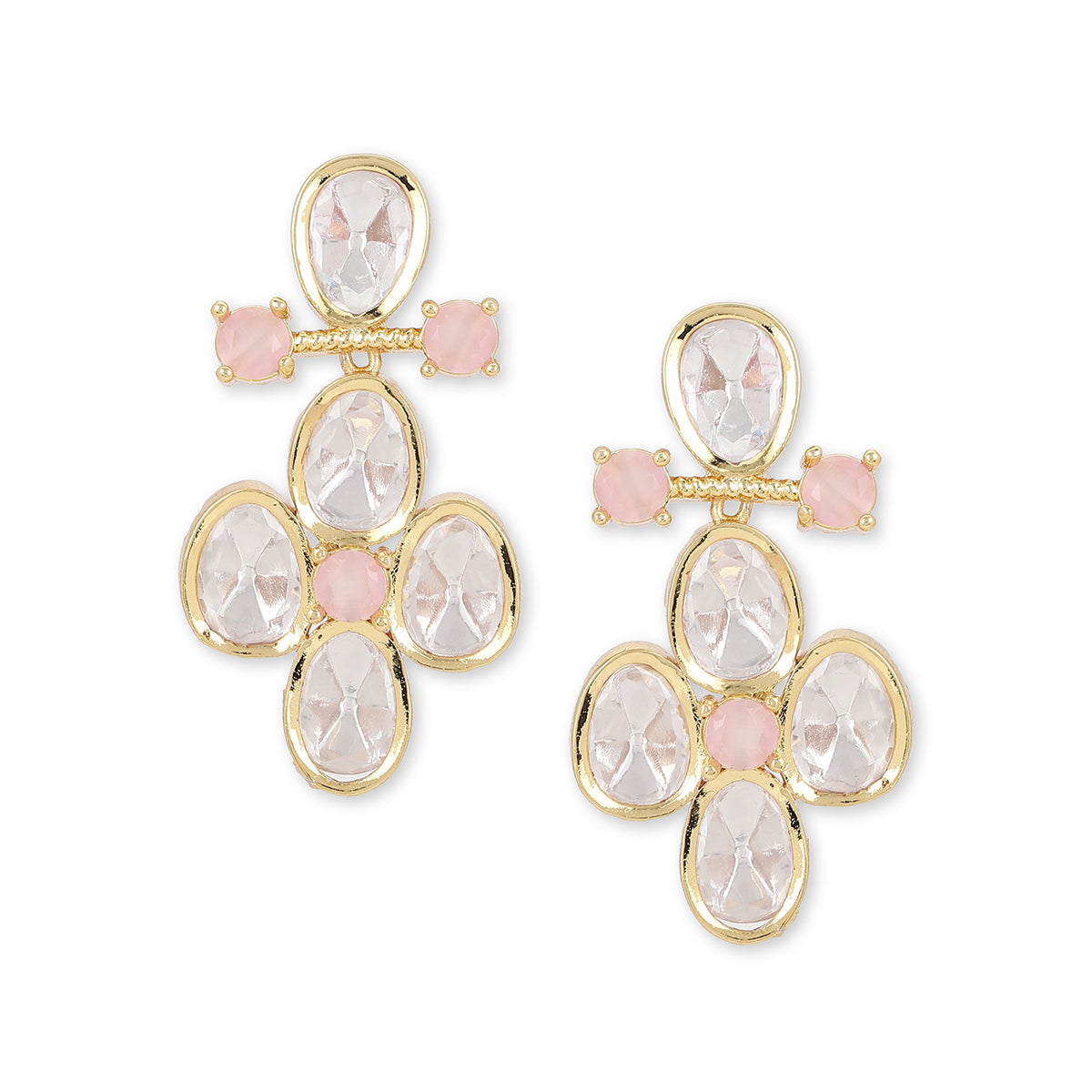 A pair of gold-plated drop earrings featuring faceted clear crystals and small pink stones, set against a plain white background.