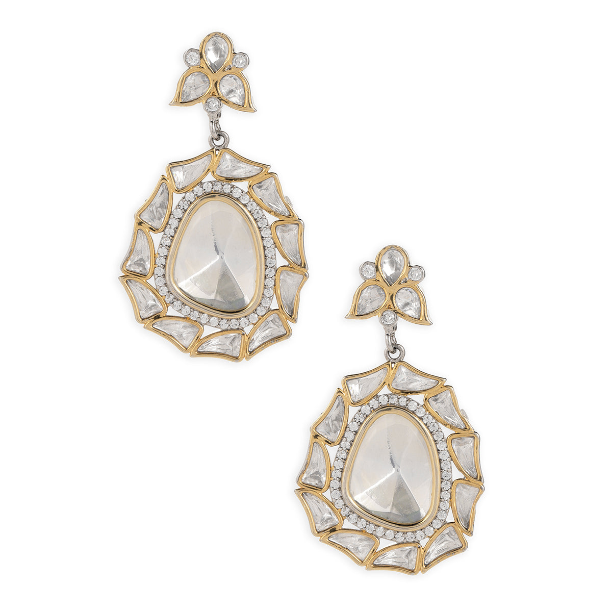 A pair of gold and silver-tone dangle earrings decorated with clear crystals, featuring a teardrop-shaped central stone and smaller surrounding stones, set against a plain white background.