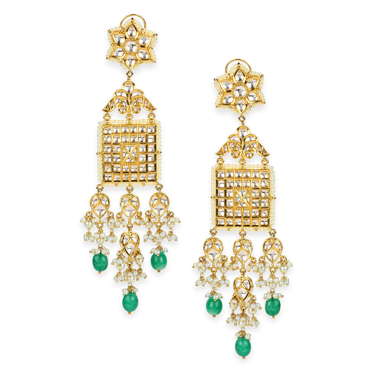 A pair of gold-plated traditional Indian chandelier earrings adorned with clear crystals and green bead drops, shown against a plain white background.