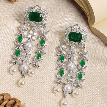 Long Crystal and Emerald Earrings with Pearl Drops