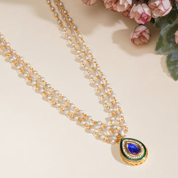 Ruby Raang Blue and Green Stone Neckpiece in Pearls