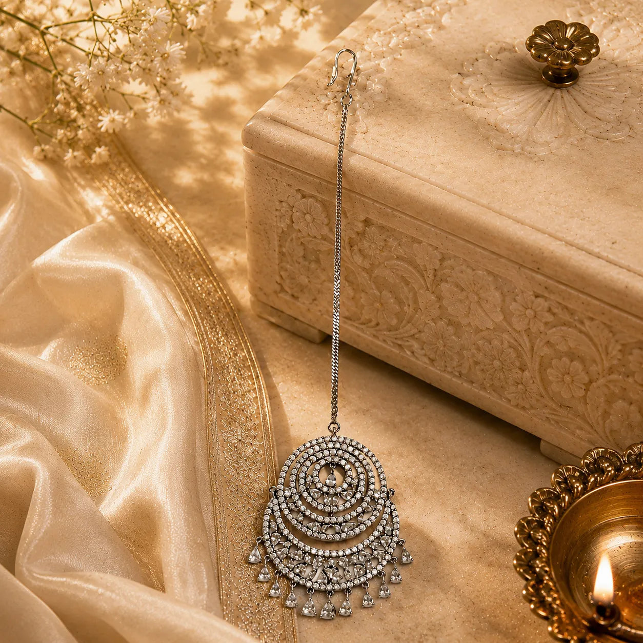Decorative silver earring on a textured surface with flowers and a box in the background