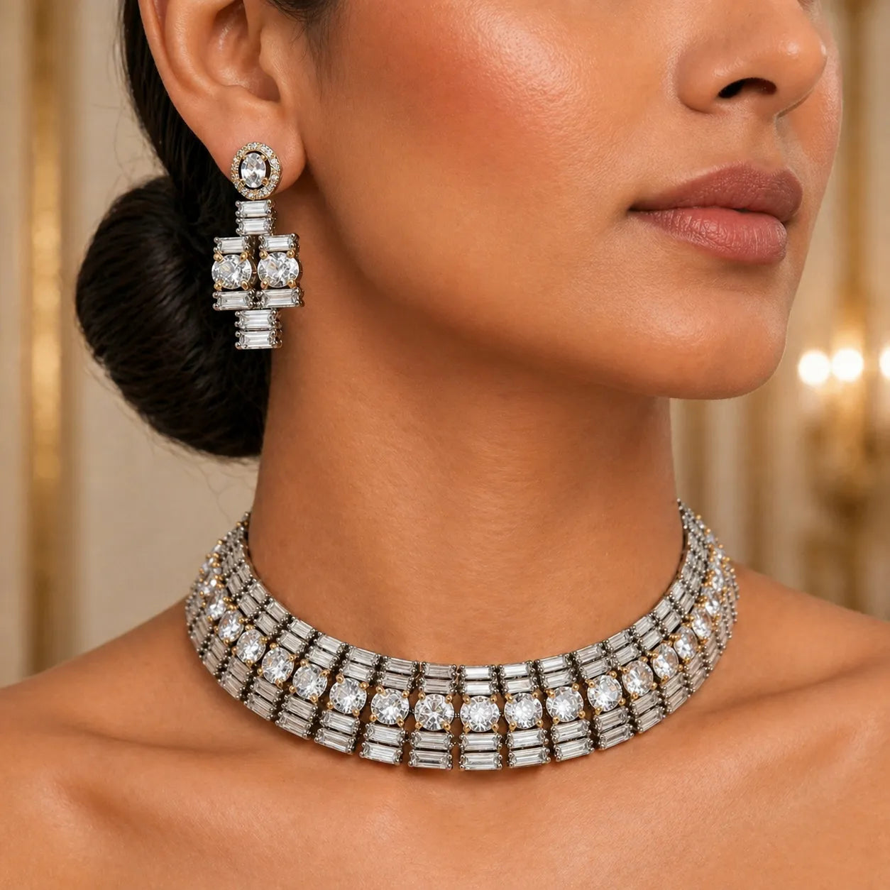 Close-up of a woman wearing a sparkling diamond necklace and earrings.