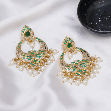 Green Stone Jadau Chand Bali Earrings