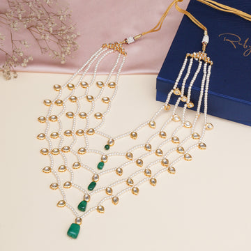 Long Kundan & Pearl Neckpiece with Emeralds