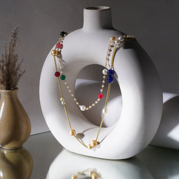 Layered Pearl and Gold Neckpiece with Multi Stones