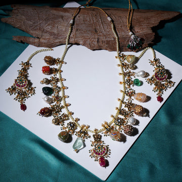 Long Kundan Neckpiece with Earrings with Multi Stones