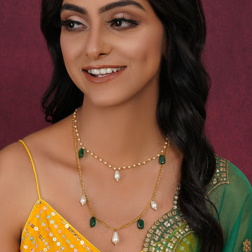 Layered Pearl and Gold Neckpiece with Emeralds
