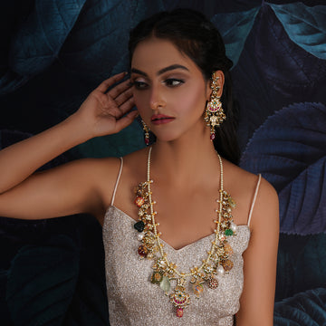 Long Kundan Neckpiece with Earrings with Multi Stones