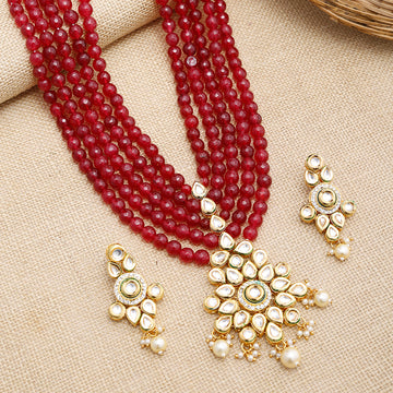 Long Maroon Kundan Neckpiece with Kundan Earrings