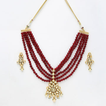 Long Maroon Kundan Neckpiece with Kundan Earrings