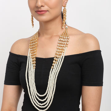 Long Pearl and Kundan Neckpiece with Earrings with attached Ear chains