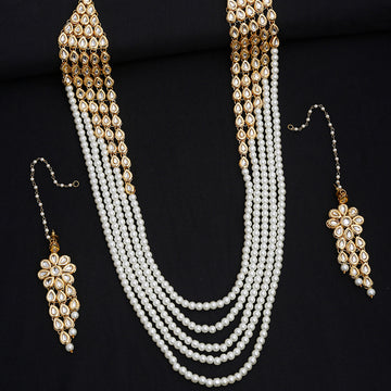 Long Pearl and Kundan Neckpiece with Earrings with attached Ear chains