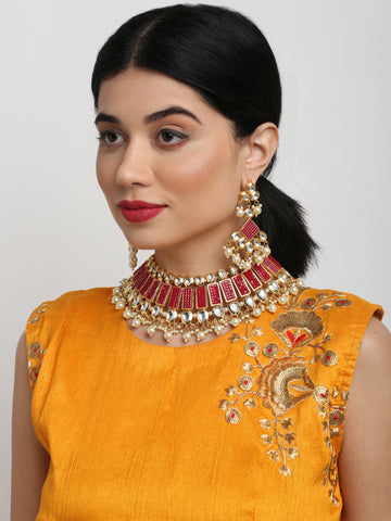 Red Kundan Neckpiece with Earrings