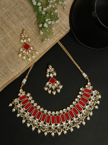 Red Kundan Neckpiece with Earrings